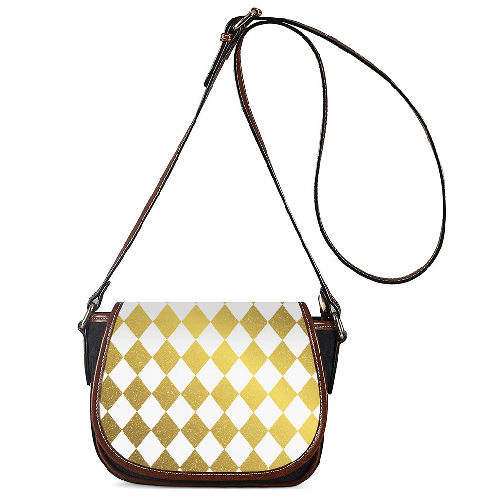 White And Gold Harlequin Pattern Print Saddle Bag