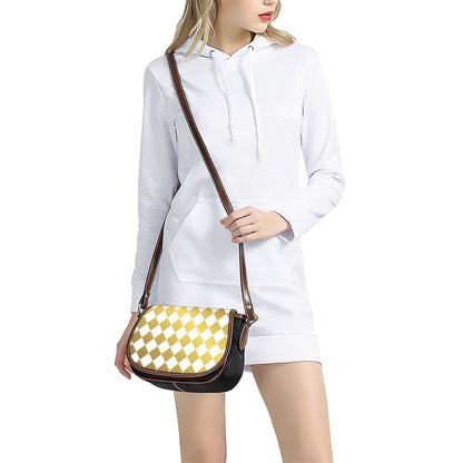 White And Gold Harlequin Pattern Print Saddle Bag