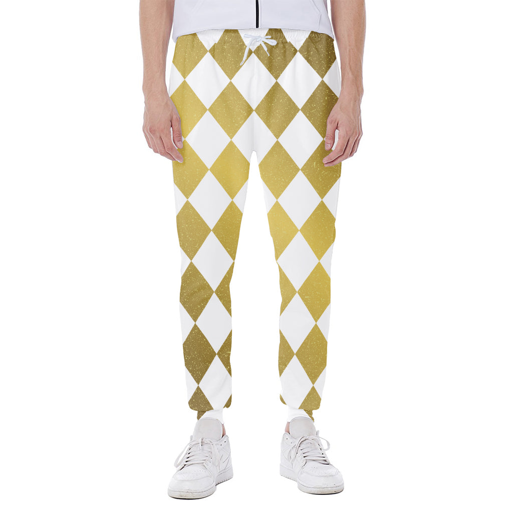 White And Gold Harlequin Pattern Print Scuba Joggers