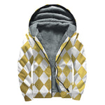 White And Gold Harlequin Pattern Print Sherpa Lined Zip Up Hoodie