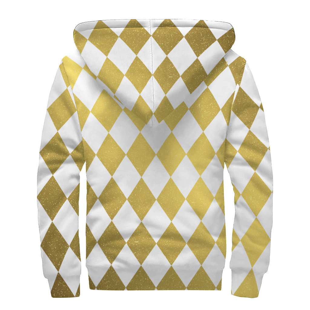 White And Gold Harlequin Pattern Print Sherpa Lined Zip Up Hoodie