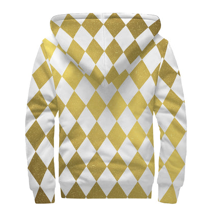 White And Gold Harlequin Pattern Print Sherpa Lined Zip Up Hoodie