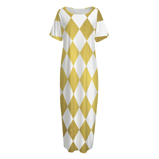 White And Gold Harlequin Pattern Print Short Sleeve Long Nightdress