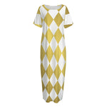 White And Gold Harlequin Pattern Print Short Sleeve Long Nightdress