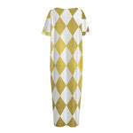 White And Gold Harlequin Pattern Print Short Sleeve Long Nightdress