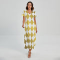White And Gold Harlequin Pattern Print Short Sleeve Maxi Dress