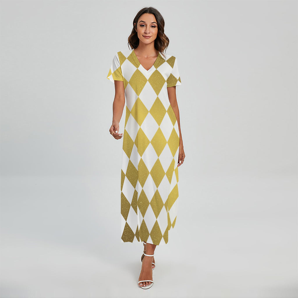 White And Gold Harlequin Pattern Print Short Sleeve Maxi Dress