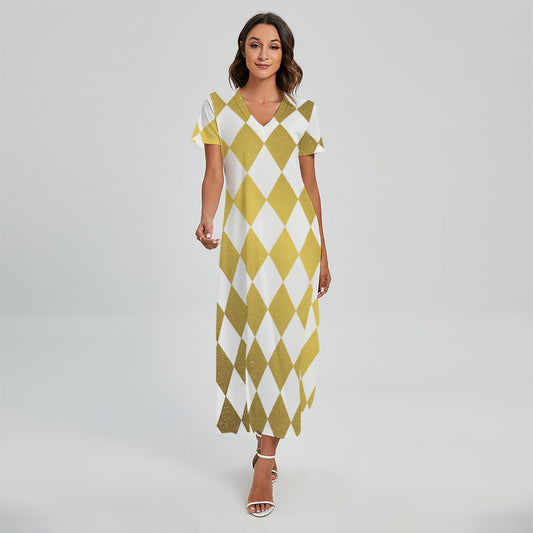 White And Gold Harlequin Pattern Print Short Sleeve Maxi Dress