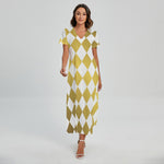 White And Gold Harlequin Pattern Print Short Sleeve Maxi Dress