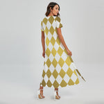 White And Gold Harlequin Pattern Print Short Sleeve Maxi Dress