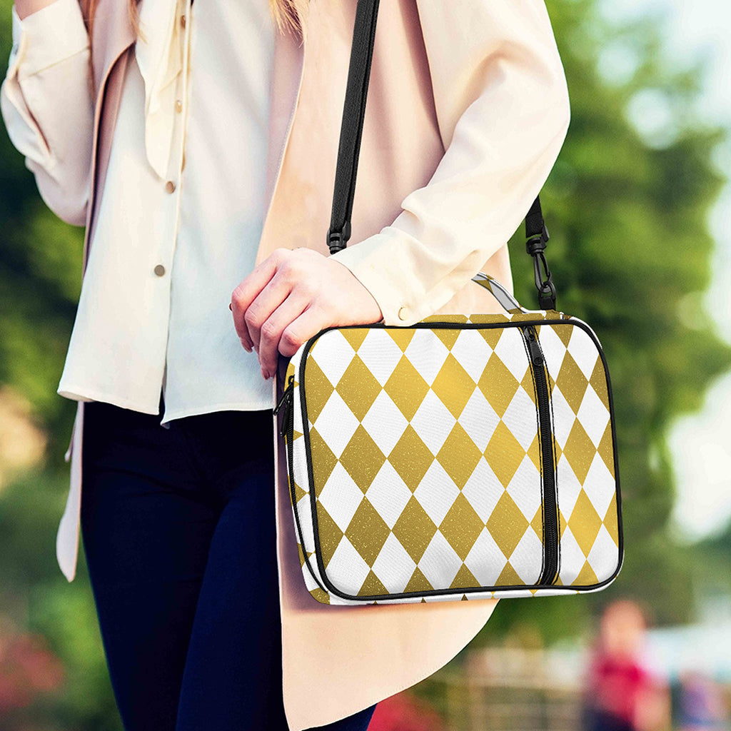 White And Gold Harlequin Pattern Print Shoulder Strap Bible Bag