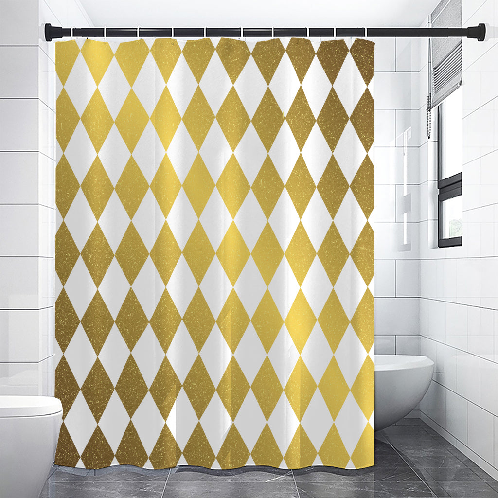 White And Gold Harlequin Pattern Print Shower Curtain