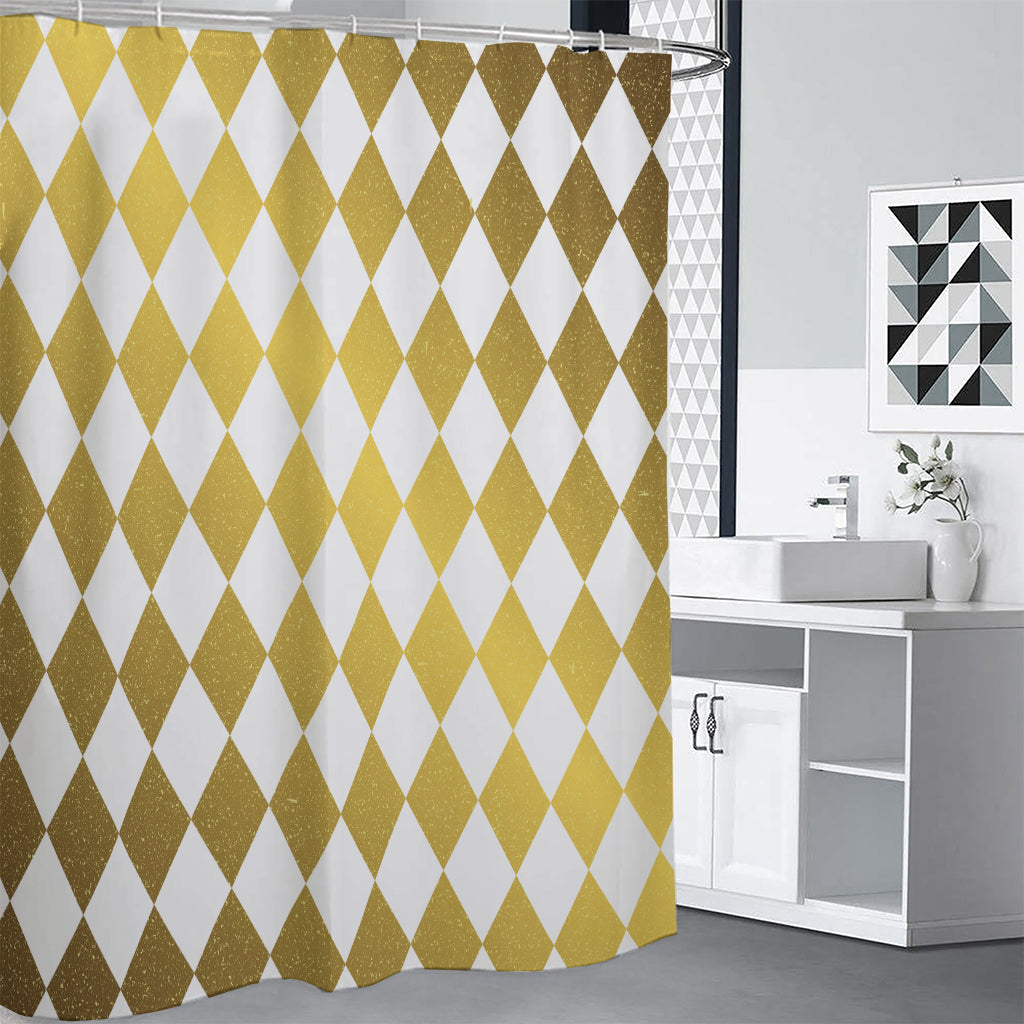 White And Gold Harlequin Pattern Print Shower Curtain