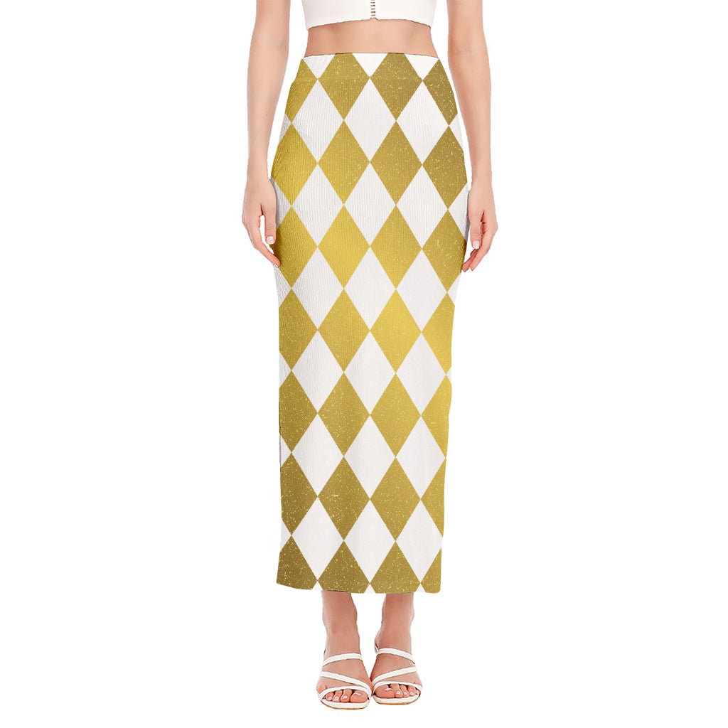 White And Gold Harlequin Pattern Print Side Slit Maxi Skirt