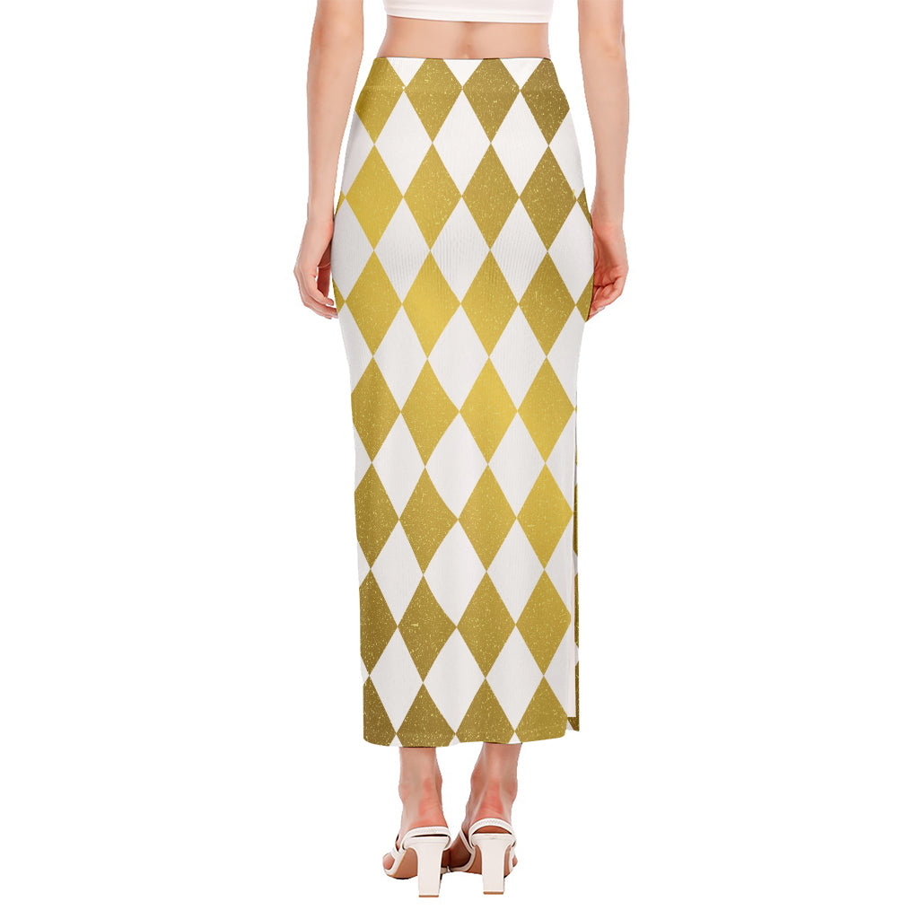 White And Gold Harlequin Pattern Print Side Slit Maxi Skirt