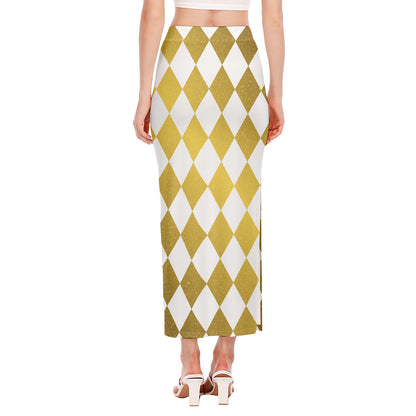 White And Gold Harlequin Pattern Print Side Slit Maxi Skirt