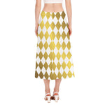 White And Gold Harlequin Pattern Print Side Slit Midi Skirt