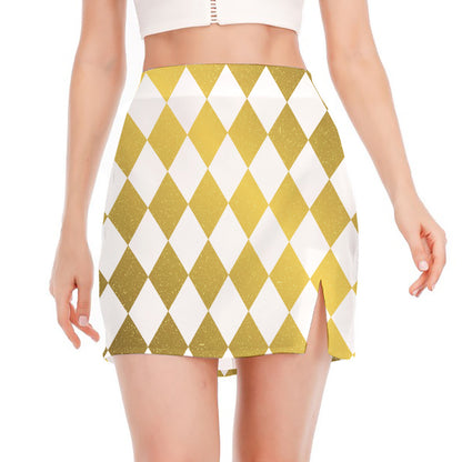 White And Gold Harlequin Pattern Print Side Slit Mini Skirt