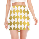 White And Gold Harlequin Pattern Print Side Slit Mini Skirt