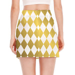 White And Gold Harlequin Pattern Print Side Slit Mini Skirt