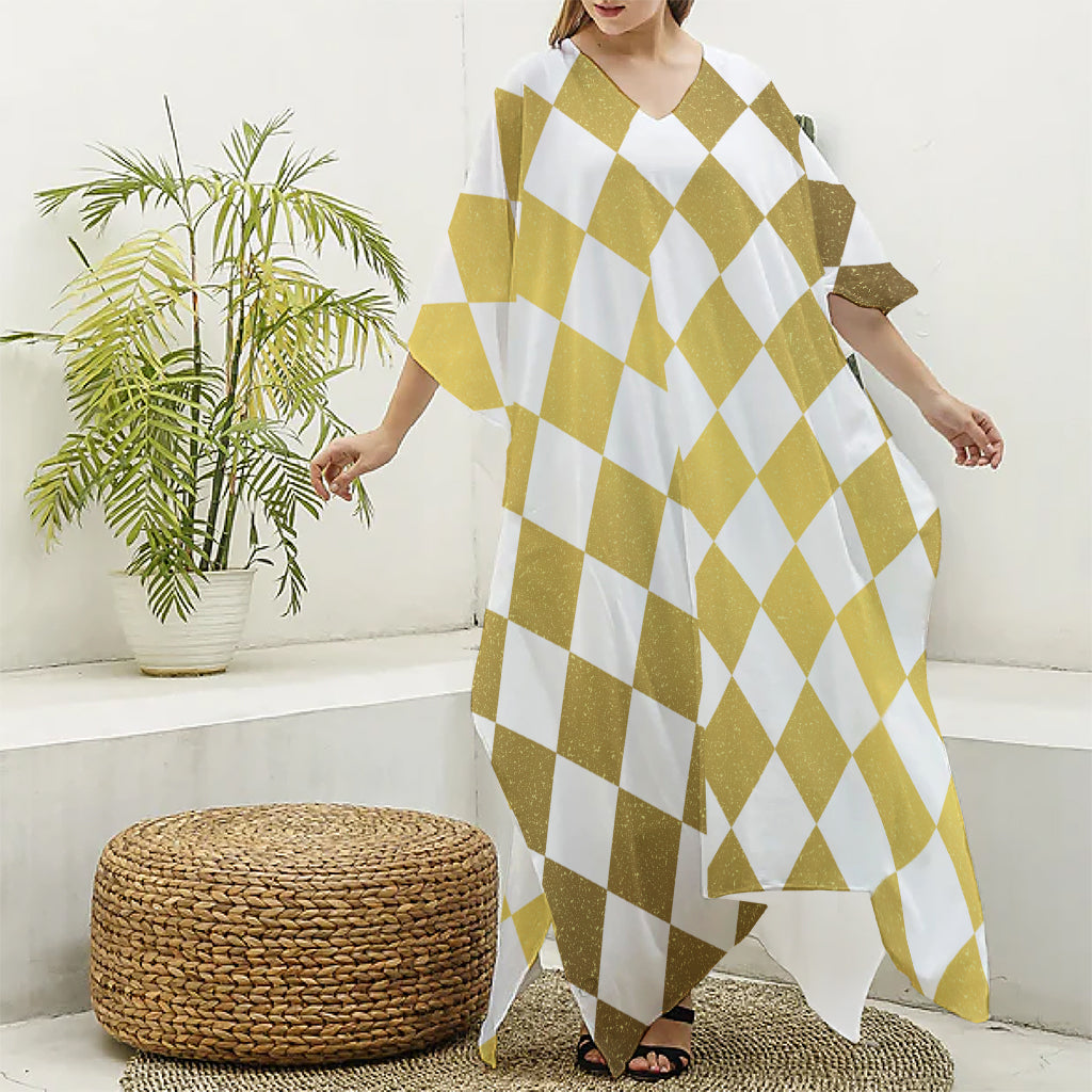 White And Gold Harlequin Pattern Print Silk V-Neck Kaftan Dress