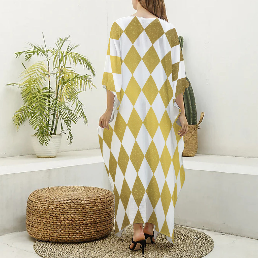 White And Gold Harlequin Pattern Print Silk V-Neck Kaftan Dress