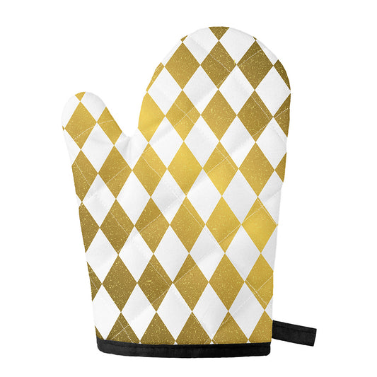 White And Gold Harlequin Pattern Print Single Oven Mitt