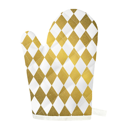 White And Gold Harlequin Pattern Print Single Oven Mitt