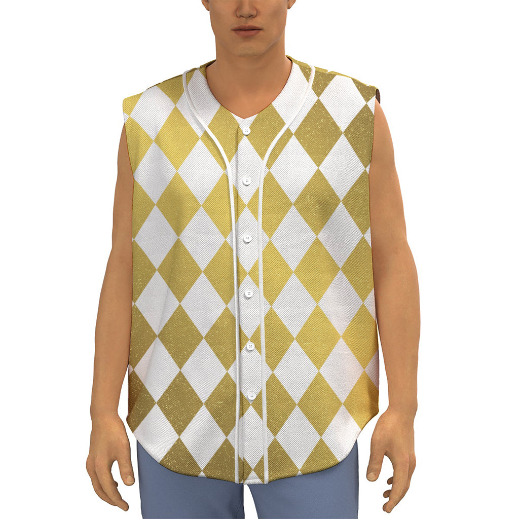 White And Gold Harlequin Pattern Print Sleeveless Baseball Jersey