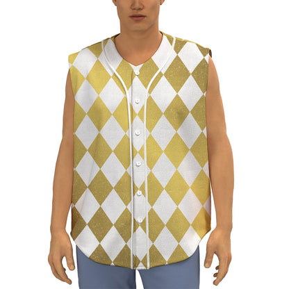 White And Gold Harlequin Pattern Print Sleeveless Baseball Jersey