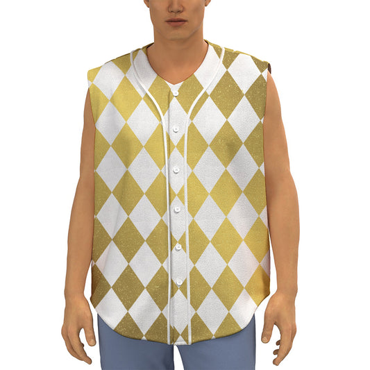White And Gold Harlequin Pattern Print Sleeveless Baseball Jersey