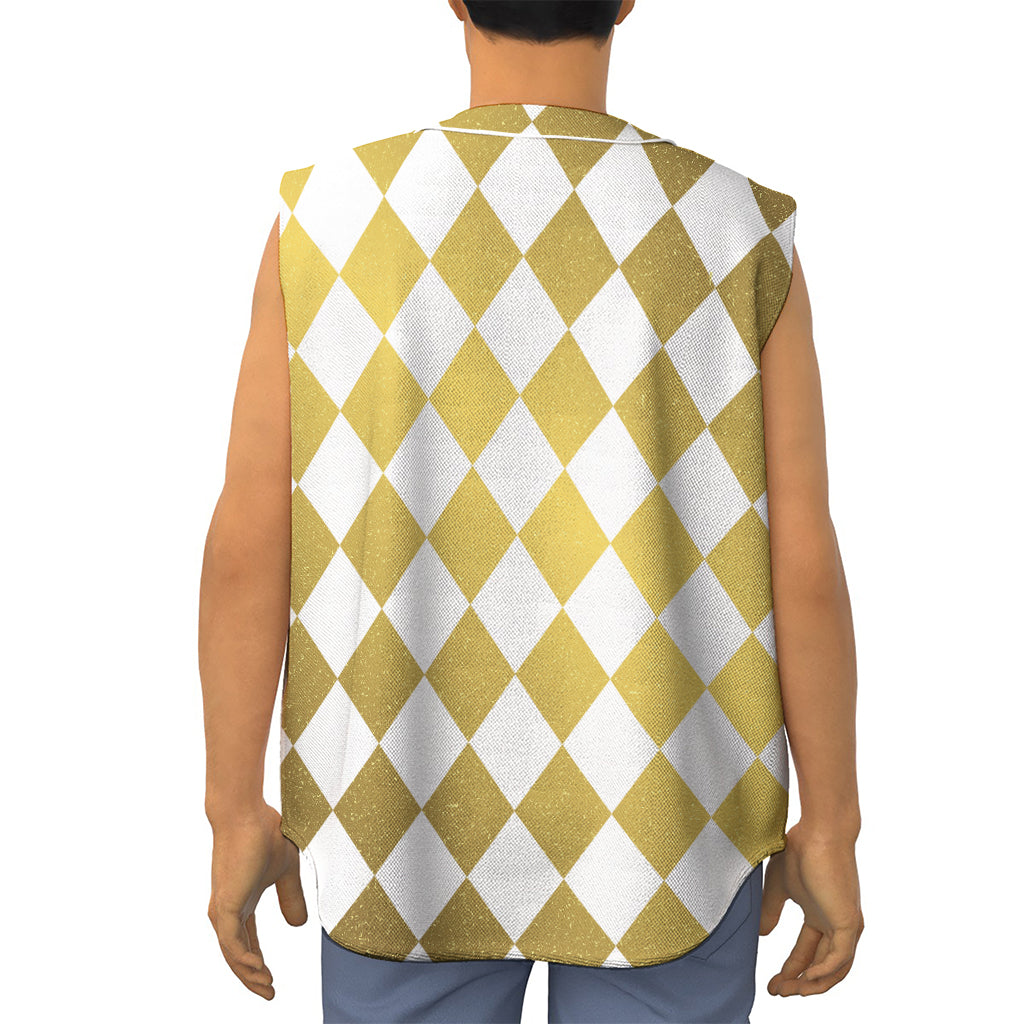 White And Gold Harlequin Pattern Print Sleeveless Baseball Jersey