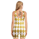 White And Gold Harlequin Pattern Print Sleeveless One Piece Swimsuit