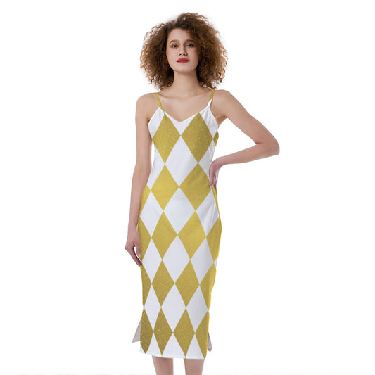 White And Gold Harlequin Pattern Print Slim Fit Midi Cami Dress