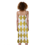White And Gold Harlequin Pattern Print Slim Fit Midi Cami Dress