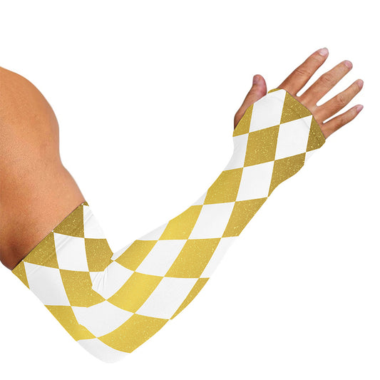 White And Gold Harlequin Pattern Print Sun Protection Arm Sleeves