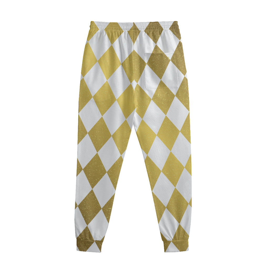 White And Gold Harlequin Pattern Print Sweatpants