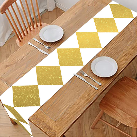 White And Gold Harlequin Pattern Print Table Runner