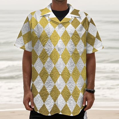 White And Gold Harlequin Pattern Print Textured Short Sleeve Shirt