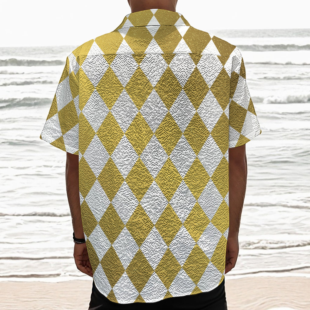 White And Gold Harlequin Pattern Print Textured Short Sleeve Shirt