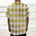 White And Gold Harlequin Pattern Print Textured Short Sleeve Shirt