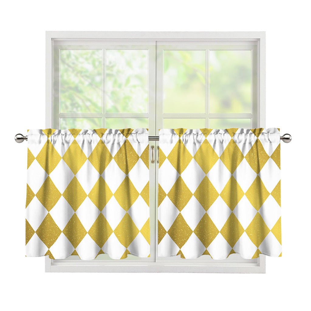 White And Gold Harlequin Pattern Print Tier Curtains