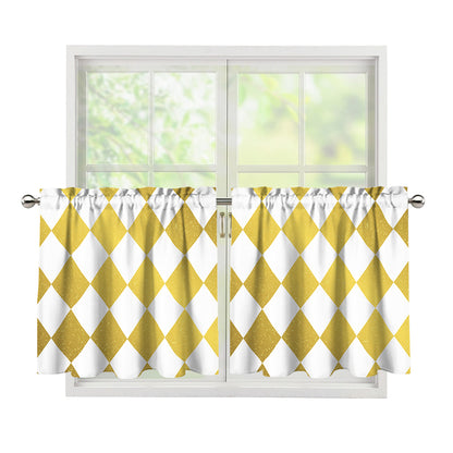 White And Gold Harlequin Pattern Print Tier Curtains