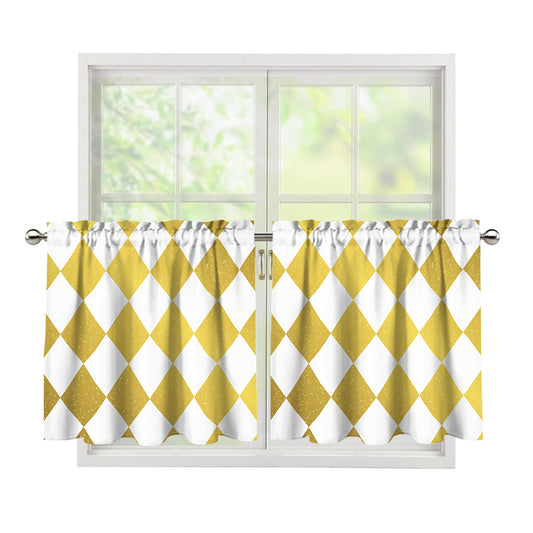 White And Gold Harlequin Pattern Print Tier Curtains