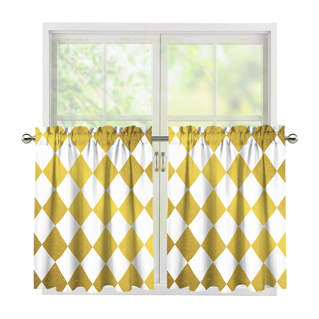 White And Gold Harlequin Pattern Print Tier Curtains