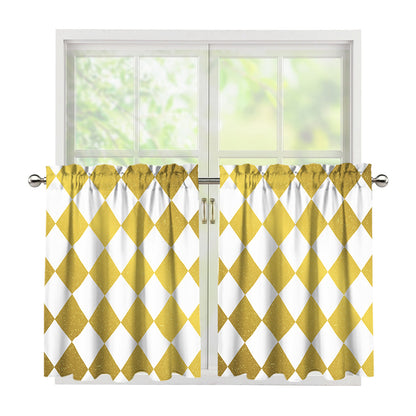 White And Gold Harlequin Pattern Print Tier Curtains