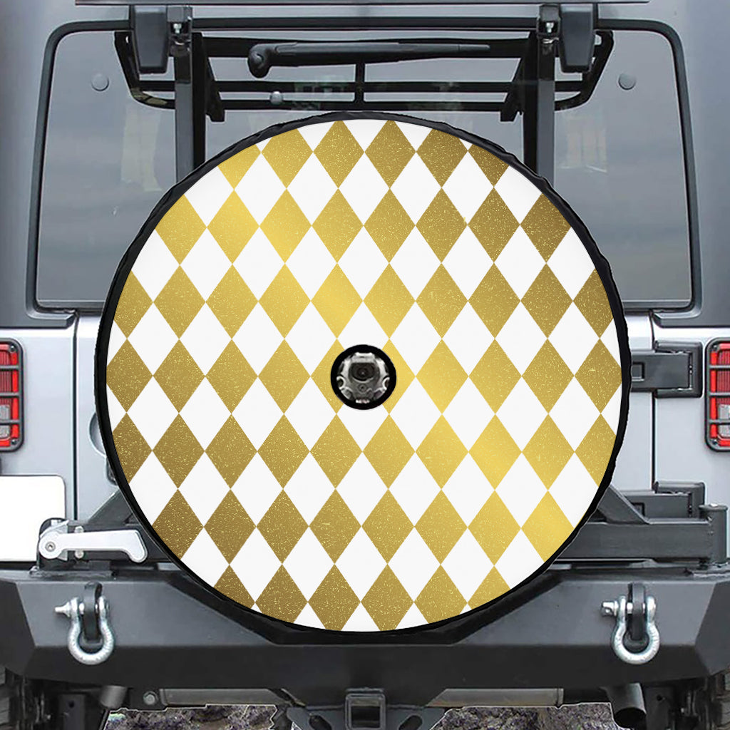 White And Gold Harlequin Pattern Print Tire Cover With Camera Hole