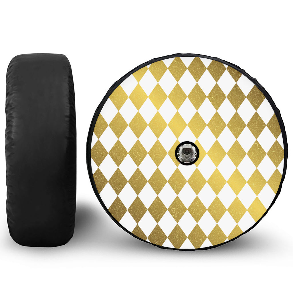 White And Gold Harlequin Pattern Print Tire Cover With Camera Hole