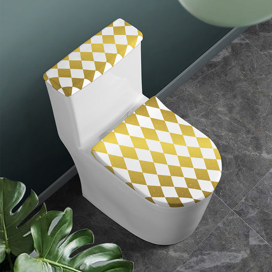 White And Gold Harlequin Pattern Print Toilet Lid And Tank Cover Set