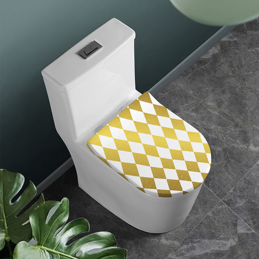 White And Gold Harlequin Pattern Print Toilet Lid Cover